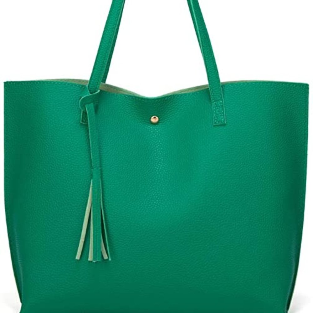 Kelly Green Faux Leather Soft Tote Bag with Tassel